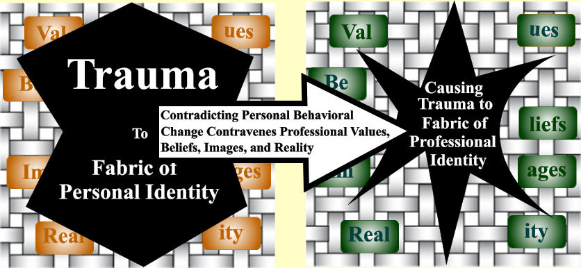 Val ues Im ages ity Real Be liefs Val ues Im ages ity Real Be liefs Trauma To           Fabric of      Personal Identity Contradicting Personal Behavioral Change Contravenes Professional Values, Beliefs, Images, and Reality Trauma to Causing           Fabric of         Professional             Identity