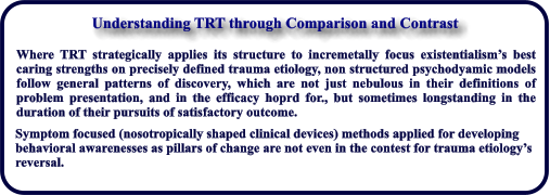 Understanding TRT through Comparison and Contrast Where TRT strategically applies its structure to incremetally focus existentialism’s best caring strengths on precisely defined trauma etiology, non structured psychodyamic models follow general patterns of discovery, which are not just nebulous in their definitions of problem presentation, and in the efficacy hoprd for., but sometimes longstanding in the duration of their pursuits of satisfactory outcome.   Symptom focused (nosotropically shaped clinical devices) methods applied for developing  behavioral awarenesses as pillars of change are not even in the contest for trauma etiology’s  reversal.